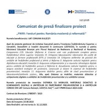 Comunicat de presă UAT COMUNA BULZEȘTI